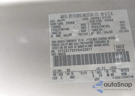 2000 Ford F-150 Work Series/Xl/Xlt from USA, damaged, VIN 1FTZX1722YKA22811